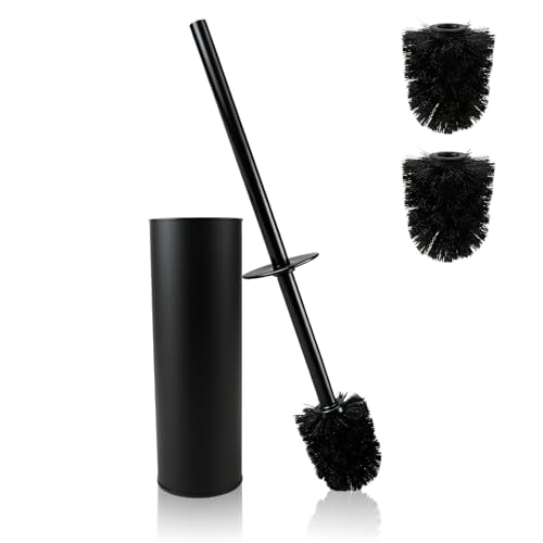 Stainless Steel Toilet Brush,Toilet Bowl Brush and Holder Set,Scratch Resistant Stainless Steel Toilet Brush with Long Handle,Toilet Cleaners with Replacement Head & Removable Inner Bowl,Space Saving - color: Black-set2