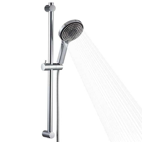 OFFO Shower Slide Bar Combo, Adjustable 27 in Slide Bar with 6-Mode High Pressure Handheld Shower Head and 60 in Stainless Steel Hose, Screw Wall Mounted, Chrome - color: Chrome, style: 27" Slide Bar & 60" Hose
