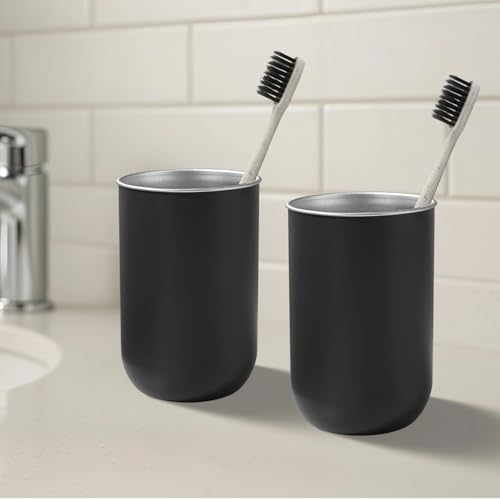 350Ml Metal Bathroom Cups, Black Matte Finish, Quality Easy to Clean, Modern Cylindrical Design, 3 Pcs Stainless Steel Mouthwash Cups for Bathroom