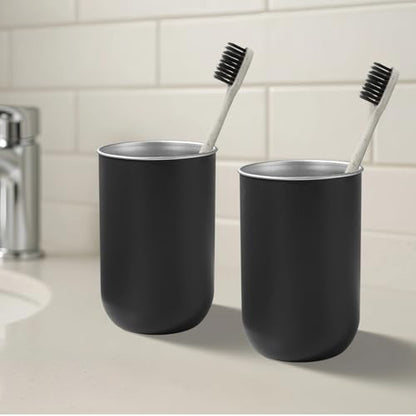 350Ml Metal Bathroom Cups, Stainless Steel Mouthwash Cups, Matte Black Finish, Three Pcs Modern Cylindrical Design, Bathroom Quality Cups Easy for Daily Use