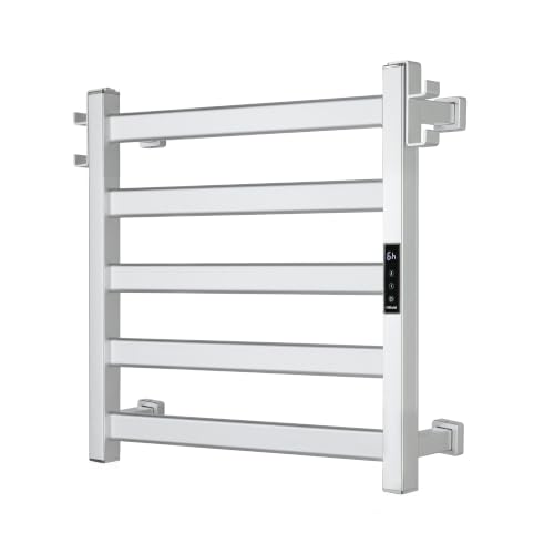 EA15 Series Towel Warmer, 5 Bar, Silver | Dual Hooks, Classic Square Tube, Built-in Thermo Control and Timer, Memory Function, Work with Smart Plug - color: Silver, size: 5 Bar