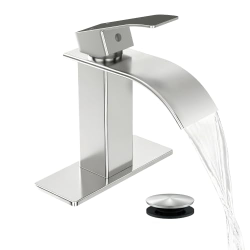 Waterfall Single Handle Bathroom Faucet with Drain Brushed Nickel | Brushed Nickel Vanity Faucet with Pop-up Drain, Ceramic Valve, for 1 or 3 Hole Modern Bathrooms. - color: Brushed Nickel