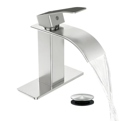 Waterfall Single Handle Bathroom Sink Faucet Brushed Nickel | Vanity Faucet with Pop-up Drain, llaves para lavamanos de baño, Ceramic Valve, for 1 or 3 Hole Modern Bathrooms. - color: Brushed Nickel