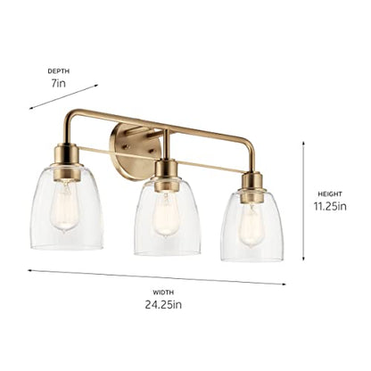 Kichler Meller 24.25" 3-Light Bathroom Vanity Light Fixture with Clear Glass Shades in Champagne Bronze for Mirror or Powder Room (24.25" W x 11.25" H x 7" D) 55102CPZ - color: Champagne Bronze, style: 3 Light