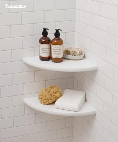 9 Inch Super White Engineered Marble Corner Shower Shelf Bathroom Caddy, Wall Mounted Shower Shelf, Classic Flatback Design (1)