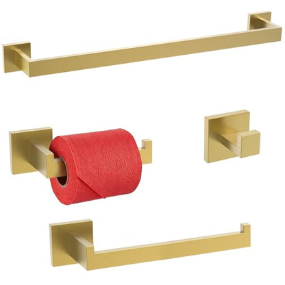 TURS Brushed Gold Bathroom Accessory Set 4-Pieces Bathroom Hardware Set Square Towel Bar Set Stainless Steel Towel Holder Set - color: Brushed Gold, size: Set B