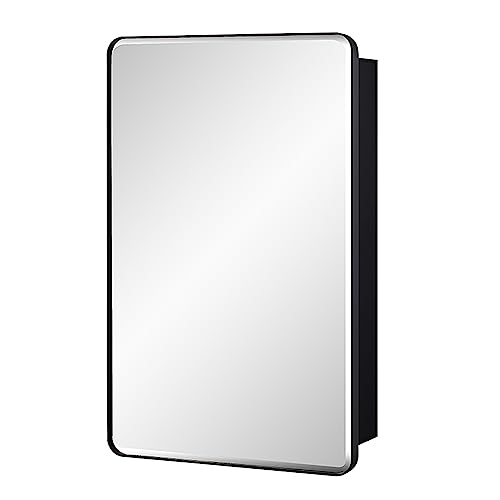 Black Bathroom Mirror Medicine Cabinet with Round Corner Framed Door and Beveled Edge Mirror 15 x 25 inch, Recessed or Surface Mount, with Adjustable Glass Shelves