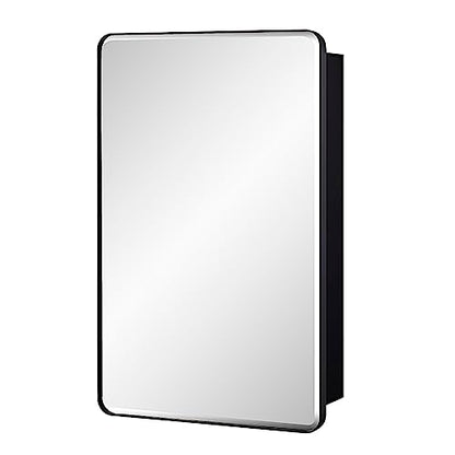 Black Bathroom Mirror Medicine Cabinet with Round Corner Framed Door and Beveled Edge Mirror 15 x 25 inch, Recessed or Surface Mount, with Adjustable Glass Shelves