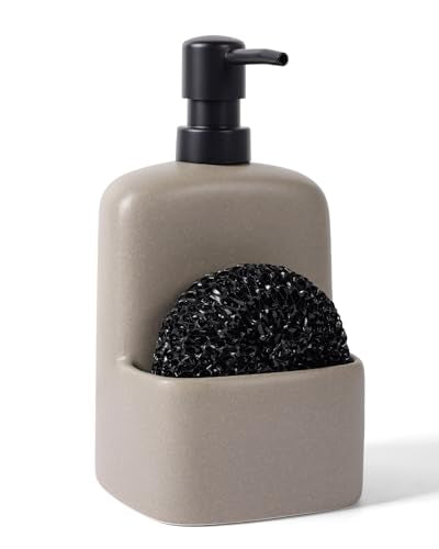 BosilunLife Dish Soap Dispenser - Matte Silver Grey Ceramic Kitchen Soap Dispenser with Sponge Holder Matte Ceramic Soap Daddy Dispenser 20oz for Kitchen Soap Pump and Sponges Caddy - color: Matte Silver Grey