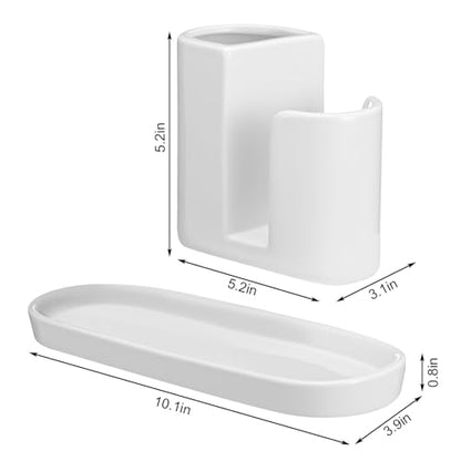3 in 1 Ceramic Kitchen Sink Caddy Dish Sponge Holder Scrub Brush Holder and Soap Tray for Kitchen Organizer White Rustic Farmhouse Supplies(White) - color: white