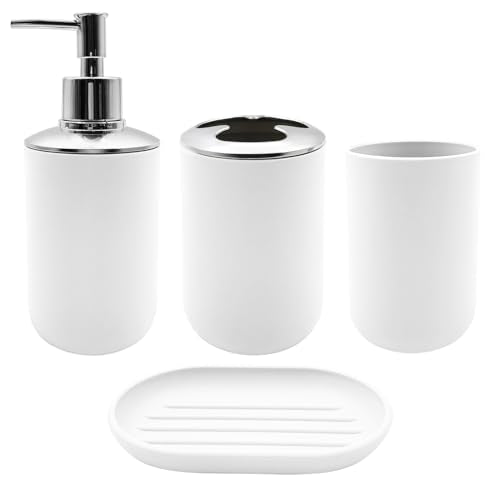 Bathroom Accessory Set, 4 pcs Shatter-Resistant Resin Bathroom Accessories Set Include Lotion Soap Dispenser Toothbrush Holder Soap Dish Modern Bathroom Decor, Gift for Home (White 4pcs) - style: White 4pcs