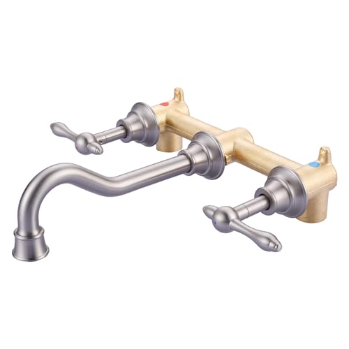 2-Handle Bathroom Faucet Brushed Nickel: WOWOW Wall Mount Bathroom Sink Faucets Brass and Rough-in Valve Included, 8 Inch Lavatory Faucet 3 Hole Antique Tap - color: Brushed Nickel