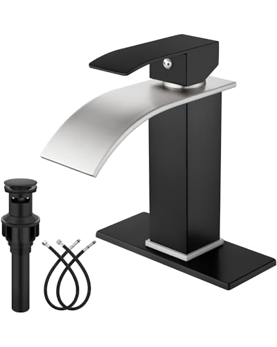 Midanya Waterfall Bathroom Faucet 1 Hole,Brushed Nickel Spout/Matte Black | with 24” Hoses,Pop Up Drain,6” Deck Plate,for 1 or 3 Hole Vanity,Lavatory,RV,Single Handle Bathroom Sink Faucet,NSF Certified - color: Nickel Spout/Black