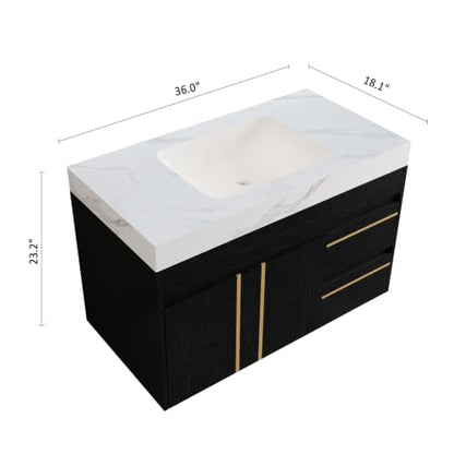36" Floating Bathroom Vanity with Sink, Modern Wall Mounted Floating Vanity Cabinet with Double Soft-Close Doors and 2 Drawers, Ceramic Sink and Faux Marble Top, White - color: White