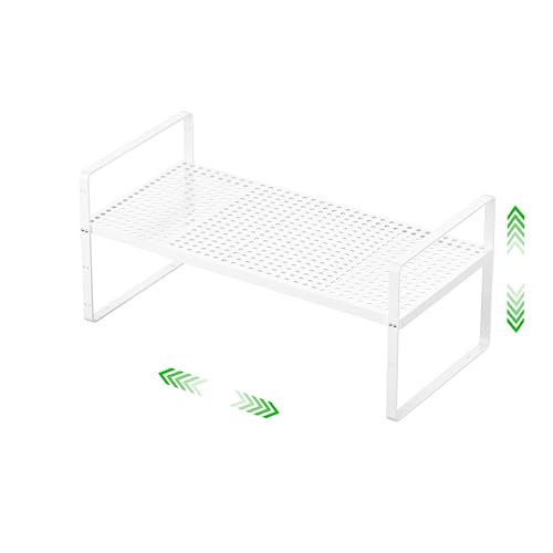 Expandable Cabinet Storage Shelf Stackable Organizer Rack for Kitchen Bathroom Pantry Spice Cupboard Coffee Countertop Home Office Desk Heavy Duty Nonslip White Small 1 Pack - color: White 1 Pack, size: Small - 8.1"W x (16.5"-27.1")L x 9.8"H