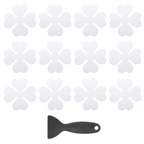PATIKIL 12 Pcs Non Slip Bathtub Stickers, Anti Slip Shower Stickers with Scraper Bathroom Shower Floor Decals Four Leaf Shape Cute Treads Tubs, White - color: White
