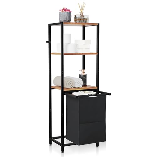 Tilt-Out Laundry Hamper with Shelf – 3 Tier Laundry Organizer with Waterproof Fabric Bin | Freestanding Storage Cabinet with Hooks for Bathroom & Bedroom