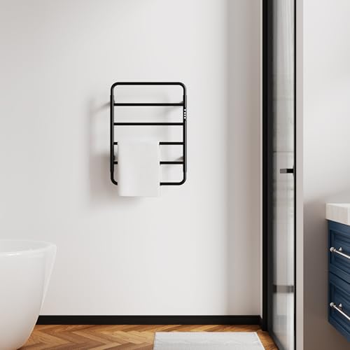 Towel Warmer, Stainless Steel Heated Towel Racks for Bathroom, 6 Bars Wall Mounted Towel Heater with Intelligent Touch Screen Timer & Temperature Adjustment, Plug-in/Hard-Wired, Black - color: Black, size: 6-Bar