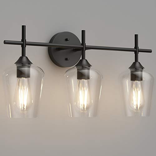 Ralbay Industrial Bathroom Vanity Light Fixtures 3-Lights Matte Black with Clear Glass Vintage Edison Wall Lamp Light Fixture for Bathroom - color: Black, size: 3-Light