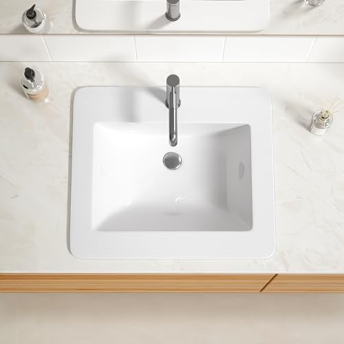 Enbol 21" x 18" Drop-In Bathroom Sink – White Ceramic Rectangular Semi Recessed Bathroom Vessel Sink Top Mount with Single Hole & Overflow (Model O2118） - style: 21.5" X 18.8"