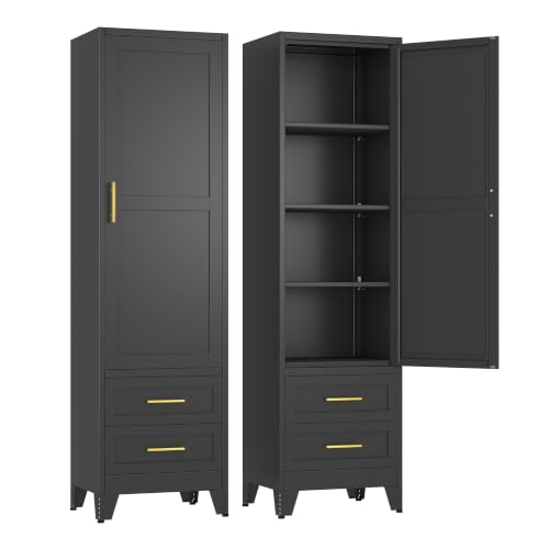 Ckzbx Tall Narrow Storage Cabinet, 66.93" H Tall Bathroom Cabinet Metal Pantry Cabinets with Drawers, 3 Adjustable Shelves, for Kitchen, Bathroom, Home Office, Living Room - color: Black, size: 20"W-C