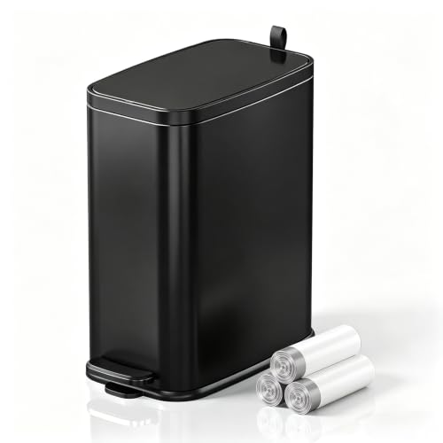 1.6 Gal Small Bathroom Trash Can with Lid, Step Pedal, Slim Black | Stainless Steel Garbage Can, Removable Inner Bucket, Soft Close Lid, Includes 60 Trash Bags for Restroom Bedroom - color: Black