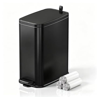 1.6 Gal Small Bathroom Trash Can with Lid, Step Pedal, Slim Black | Stainless Steel Garbage Can, Removable Inner Bucket, Soft Close Lid, Includes 60 Trash Bags for Restroom Bedroom - color: Black