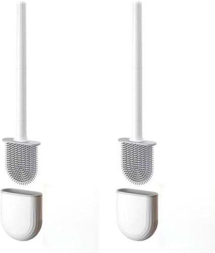 RV Silicone Toilet Brush with Holder, Drill-Free Wall Mounted Toilet Bowl Cleaner, Anti-Drip Anti-Roll Compact Brush for RV Camper & Small Bathroom (White 2pc) - color: White 2pc