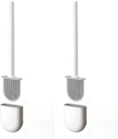 RV Silicone Toilet Brush with Holder, Drill-Free Wall Mounted Toilet Bowl Cleaner, Anti-Drip Anti-Roll Compact Brush for RV Camper & Small Bathroom (White 2pc) - color: White 2pc