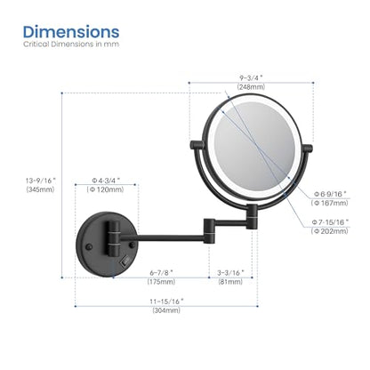 KIBI Circular Wall Mount Makeup Mirror with LED Lights, Dual-Sided 1x/5x Magnifying Mirror with Adjustable Arm, 360° Swivel, Solid Brass Construction for Durability and Style (Matte Black, KMM101) - color: Matte Black