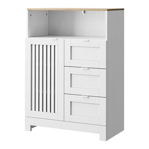 Smart FENDEE Bathroom Storage Cabinet with 3 Drawers, Floor Cabinet with Louvered Door, Freestanding Storage Unit for Bathroom, Kitchen, Living Room, White - size: 33.86" Small Floor Cabinet