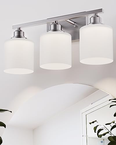 Bathroom Light Fixtures Over Mirror, 3-Light Vanity Lights Brushed Nickel, Modern Bathroom Vanity Light, Glass Shade & Anti-Rust Nickel Finished, Bathroom Light for Small Space - color: Brushed Nickel-3 Light