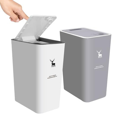 XPIY Trash Can with Lid, 2 Pack 4 Gallons/15 Liters Garbage Can | Small plastic waste basket with press top, dog proof design for bathroom|kitchen|bedroom|office use. (WhiteGrey) - color: WhiteGrey