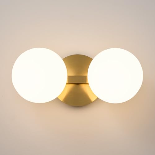Gold Globe Wall Sconce,Vanities Lights with 2 Milk Glass Shades | 6" Modern Spherical Vanity Sconces,Contemporary Small Brass Ball Lights Fixture for Entryway Bedside Bathroom,E26 Base - color: Gold - Milk Glass, size: 2-Light