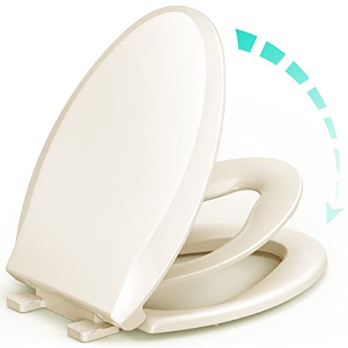 Elongated Toilet Seat with Built-in Potty Training Seat for Toddlers& Adults, Slow Close, Never Loosen, Heavy Duty, Ergonomic, Space Saving Toddler Toilet Seat, (Elongated 18.5", Oval, Bone/Almond) - size: Elongated 18.5"(Bone/Almond)