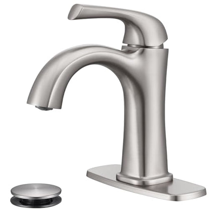 Brushed Nickel Single Hole Bathroom Faucet, Single Handle Brass Bathroom Sink Faucet, Lavatory Vanity Faucet for 1 or 3 Holes, Bathroom Faucets with Pop Up Drain and Supply Lines, Deck Plate - color: A-Brushed Nickel