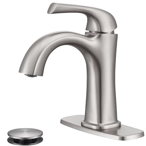 Brushed Nickel Single Hole Bathroom Faucet, Single Handle Brass Bathroom Sink Faucet, Lavatory Vanity Faucet for 1 or 3 Holes, Bathroom Faucets with Pop Up Drain and Supply Lines, Deck Plate - color: A-Brushed Nickel