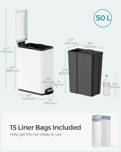 SONGMICS Slim Trash Can, 13-Gallon (50 L) Garbage Can for Narrow Spaces with Soft-Close Lid, Inner Bucket, and Step-on Pedal, Stainless Steel, 15 Trash Bags Included, White ULTB510W48 - color: White, style: 13 Gal.