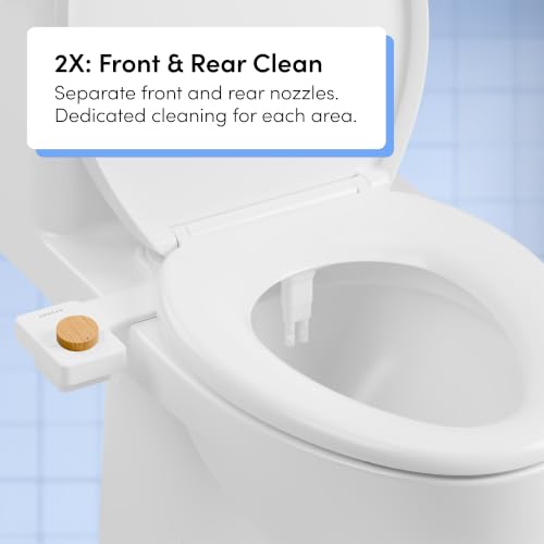 TUSHY Fresh Dual Nozzle Cool Water Bidet, Bamboo Knob | Ultra Slim Toilet Seat Attachment, Non-Electric, 180° Front and Rear Wash, Self-Cleaning, 10 Minute DIY Install - color: Bamboo Knob, style: Dual Nozzle