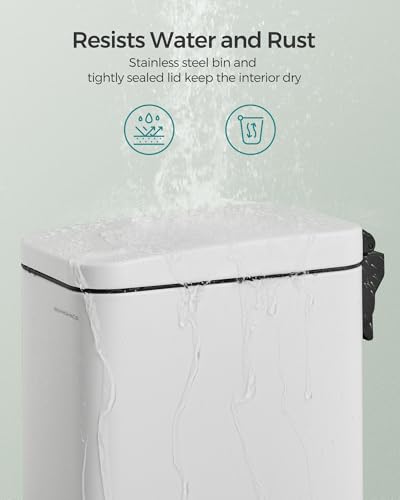 SONGMICS Bathroom Trash Can, 2.6 Gallon (10 L) Small Trash Bin with Lid, Slim for Small Spaces, Stainless Steel Garbage Can, Soft Close, White ULTB561W10 - color: White, style: 2.6 Gal.