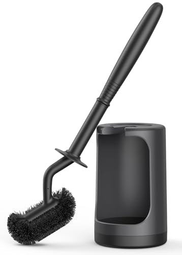 HAMITOR Toilet Bowl Brush Holder Set: Curved Design with Holder for Deep Cleaning Under Rim - Compact Hidden Scrubber for Small Space - Modern RV Bathroom Accessories - Black - color: Black