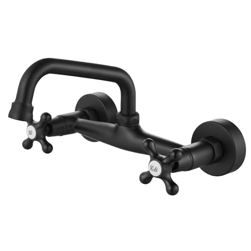 Airuida 8 Inch Center Matte Black Wall Mount Kitchen Sink Faucet | Double Cross Handle,Adjustable Center,6 Inch(15cm) Spout - color: Matte Black