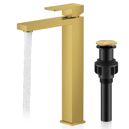 Brushed Gold Vessel Sink Faucet Single Hole Tall Bathroom Sink Faucet | Vessel Bowl Faucet with Pop Up Drain & Supply Lines, Lead-Free cUPC & NSF Certified, 1 Hole Faucet for Vanity RV Restroom - color: Gold, size: Tall