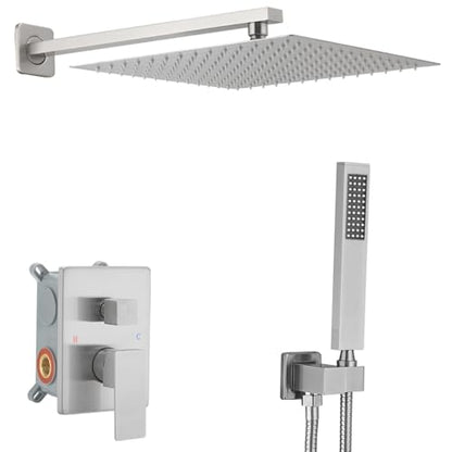 Brushed Nickel Shower System 12 Inch Bathroom Luxury Rain Mixer Shower Combo Set Wall Mounted Rainfall Shower Head and Handheld System Shower Faucet Set Rough-in Valve Body and Trim Kit - color: Brushed Nickel, size: 12 Inch