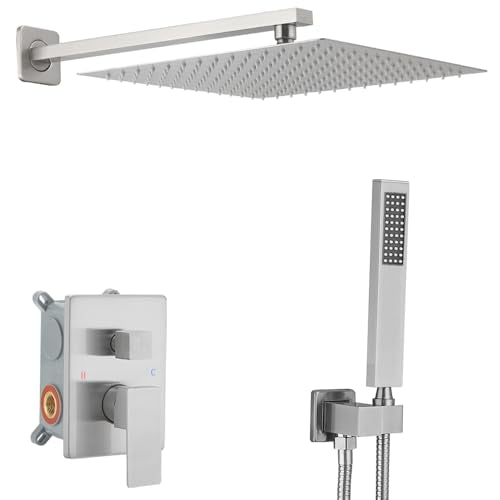 Brushed Nickel Shower System 12 Inch Bathroom Luxury Rain Mixer Shower Combo Set Wall Mounted Rainfall Shower Head and Handheld System Shower Faucet Set Rough-in Valve Body and Trim Kit - color: Brushed Nickel, size: 12 Inch