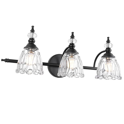 Matte Black Bathroom Vanity Light, Farmhouse Bathroom Light Fixtures Over Mirror, 3 Light Vanity Lighting Fixtures, Flower Glass Shade Wall Sconce Lighting - color: Black, size: 3 light