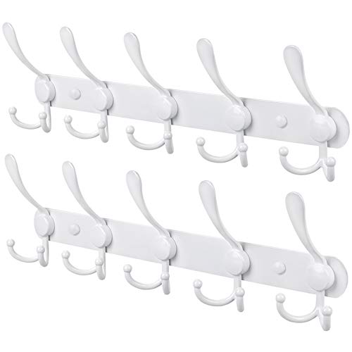 Wall Mounted Coat Rack, 2 Packs 15 Hooks Stainless Steel Coat Hook Rail for Coat Hat Towel Purse Robes Entryway Bathroom Closet Room - color: White