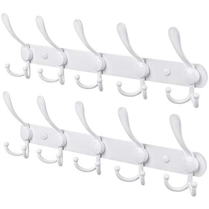 Wall Mounted Coat Rack, 2 Packs 15 Hooks Stainless Steel Coat Hook Rail for Coat Hat Towel Purse Robes Entryway Bathroom Closet Room - color: White