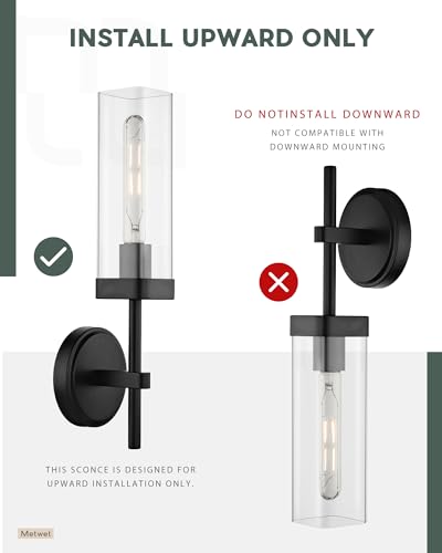 Set of 2 Matte Black Bathroom Wall Sconces with Square Clear Glass | Modern bathroom vanity light fixtures, upward-only mount, E26 base, hardwired, bulbs not included, 2-pack, VL262-MB-2PK - color: Black-Square Clear Glass, 2-Pack