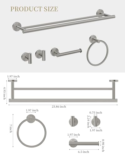 Brushed Nickel Bathroom Hardware Accessories Set 5 pcs Towel Holder Bar Set | 24 inches Stainless Steel Towel Bar, Towel Racks for Bathroom Robe Towel Hooks Toilet Paper Holder Wall Mounted by BATHLAVISH - color: Brushed Nickel